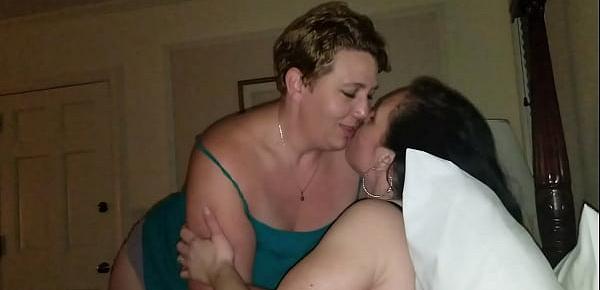  Chubby ladies kissing, intense make out. Lucky husband watches. Bbw